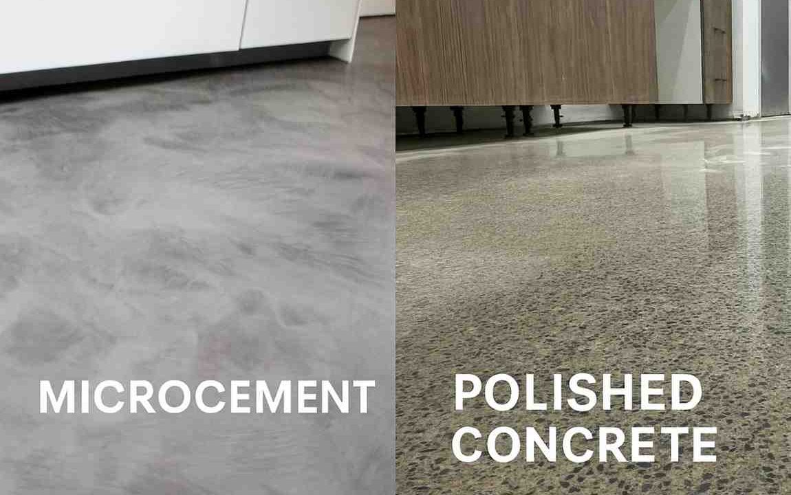 Side-by-side comparison showing a microcement floor on the left and a polished concrete floor on the right.