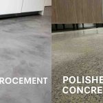 Side-by-side comparison showing a microcement floor on the left and a polished concrete floor on the right.
