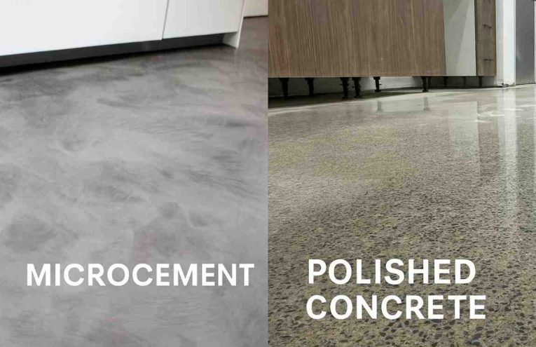 Side-by-side comparison showing a microcement floor on the left and a polished concrete floor on the right.