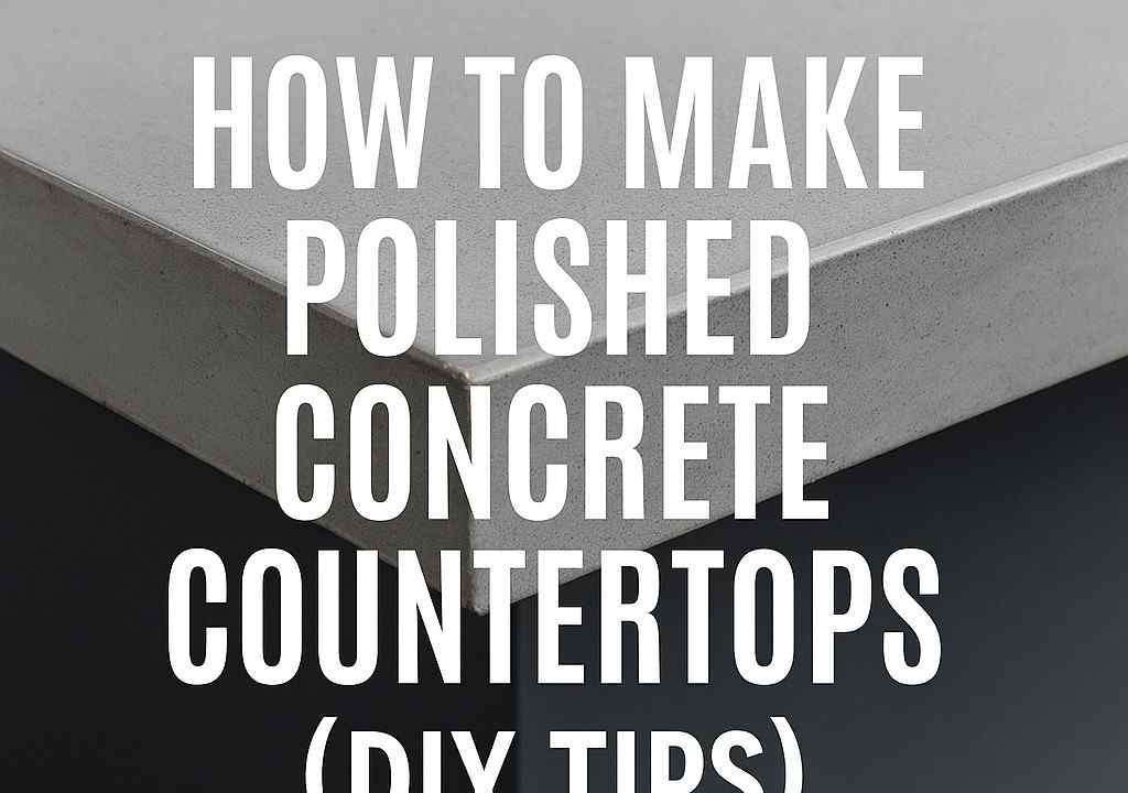 Polished concrete countertop close-up with text overlay showing DIY guide for making concrete countertops