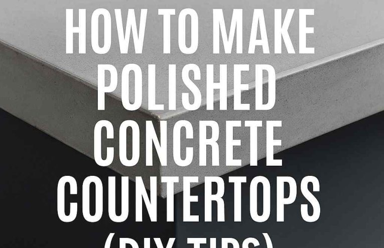 Polished concrete countertop close-up with text overlay showing DIY guide for making concrete countertops