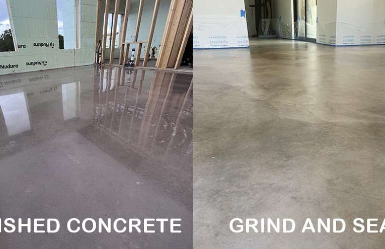 Featured image comparing polished concrete vs grind and seal flooring with text overlay for Crown Coatings guide
