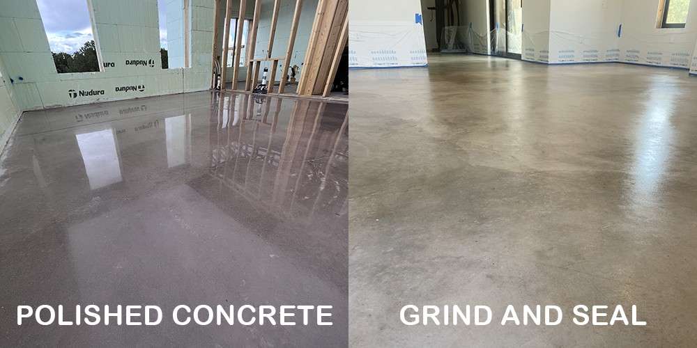 Featured image comparing polished concrete vs grind and seal flooring with text overlay for Crown Coatings guide