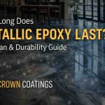 High-gloss metallic epoxy flooring in a modern commercial interior showing durability and lifespan by Crown Coatings