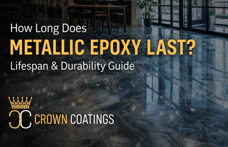 High-gloss metallic epoxy flooring in a modern commercial interior showing durability and lifespan by Crown Coatings