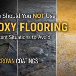 Examples of epoxy flooring issues including peeling, moisture damage, and UV discoloration with Crown Coatings branding