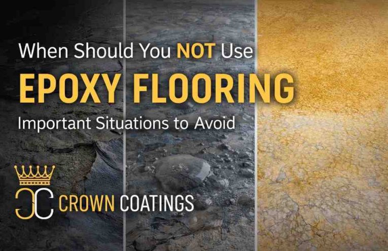 Examples of epoxy flooring issues including peeling, moisture damage, and UV discoloration with Crown Coatings branding