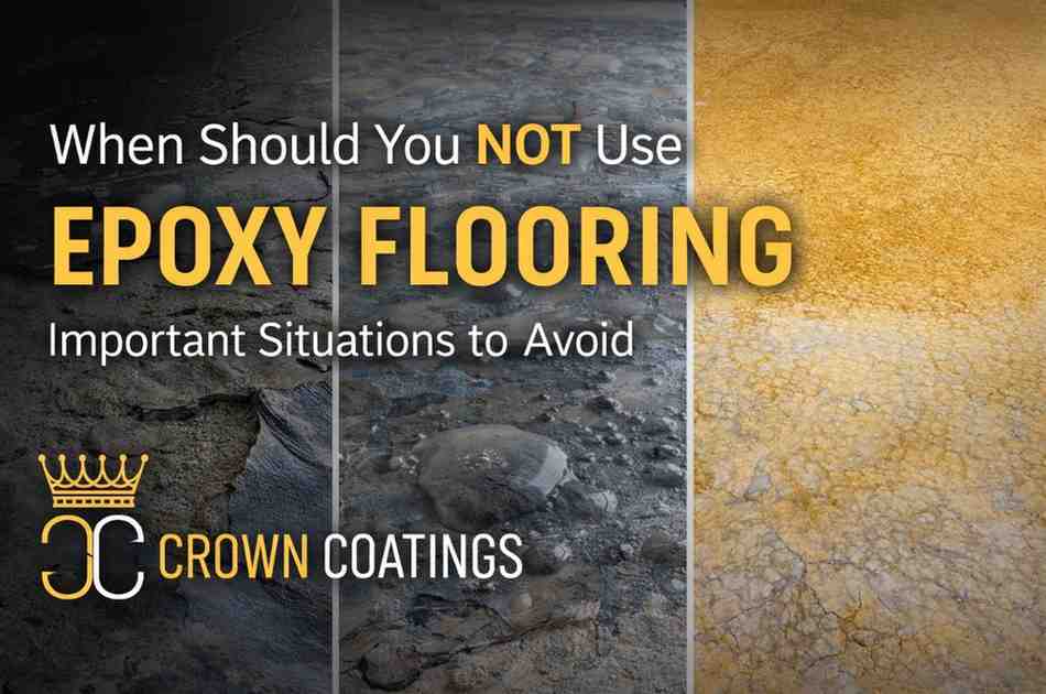 Examples of epoxy flooring issues including peeling, moisture damage, and UV discoloration with Crown Coatings branding