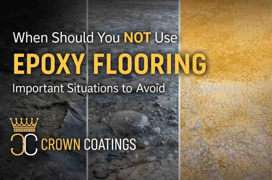 Examples of epoxy flooring issues including peeling, moisture damage, and UV discoloration with Crown Coatings branding