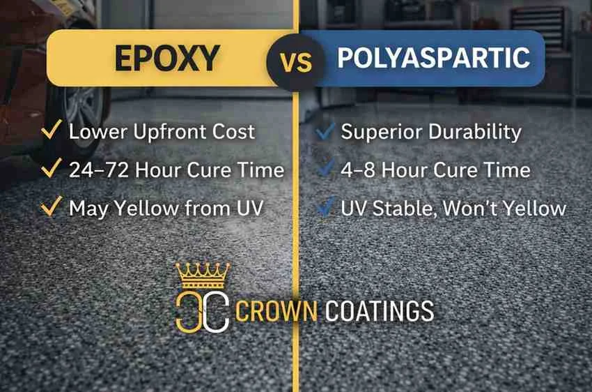 Side-by-side comparison of epoxy vs polyaspartic garage floor coatings showing durability, cure time, and UV resistance