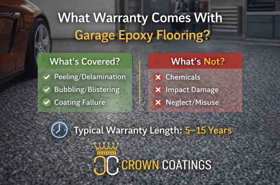 Garage epoxy flooring warranty showing what is covered and not covered by professional epoxy floor installation