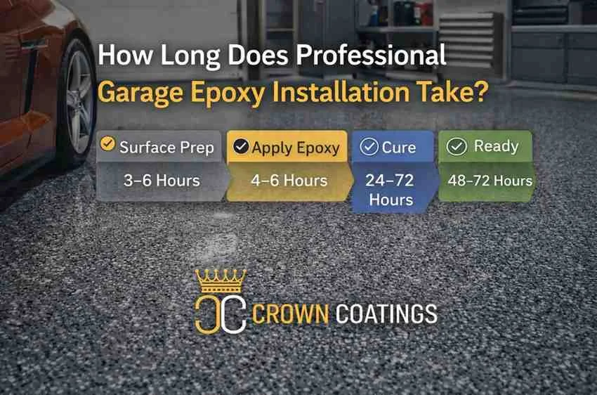 Timeline showing professional garage epoxy installation process and curing time by Crown Coatings